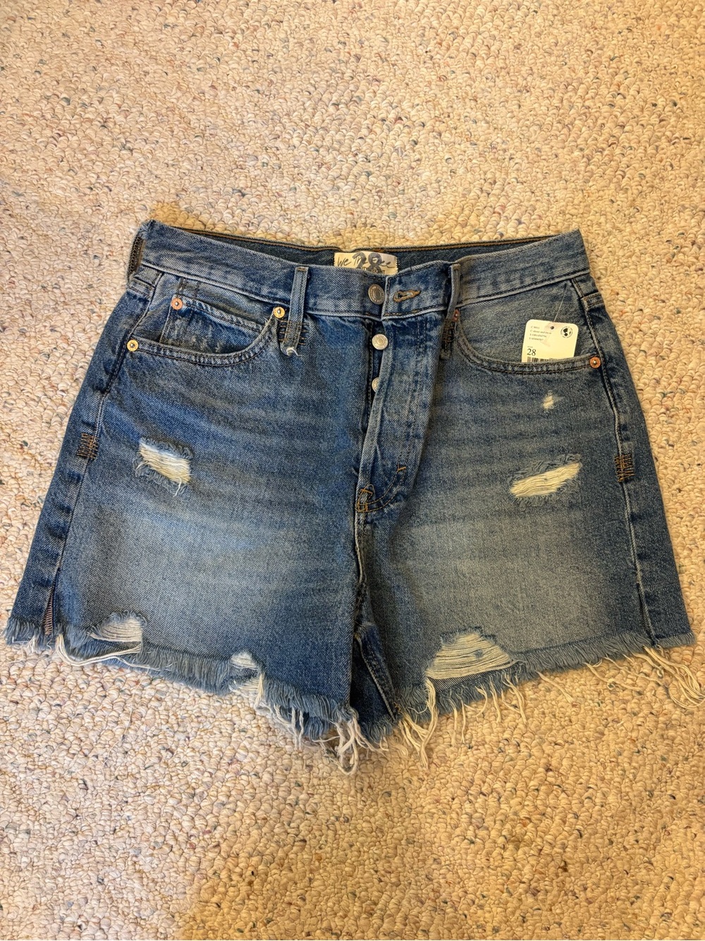 Free People Distressed High-Rise Denim Shorts - Blue Wash